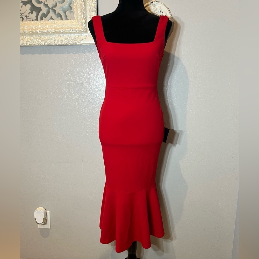 Lulu's Red Sheath Midi Dress Square Neck Sleeveless